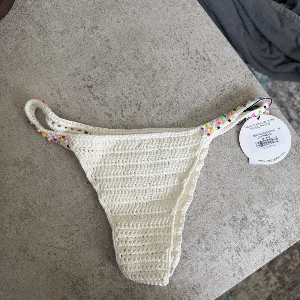 Hand-Crocheted White Bikini Bottom with Multicolor Bead Detail